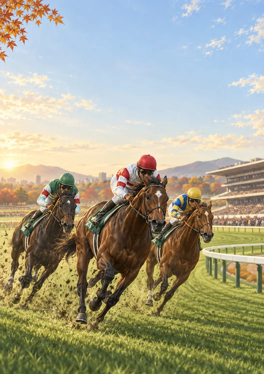 秋の競馬場を走る競走馬